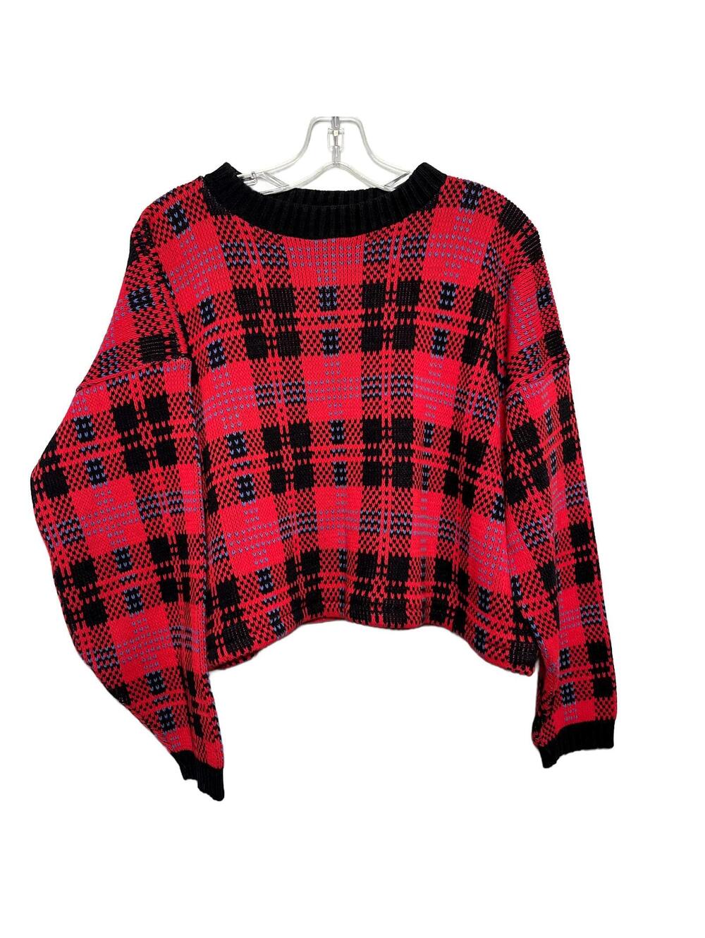 90's Vintage Red & Black Plaid Cropped Baggy Sweater M/L